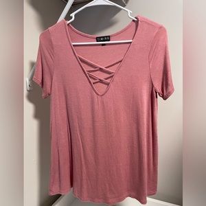 Summer Pink Tee with Trendy Cross Detail at Chest